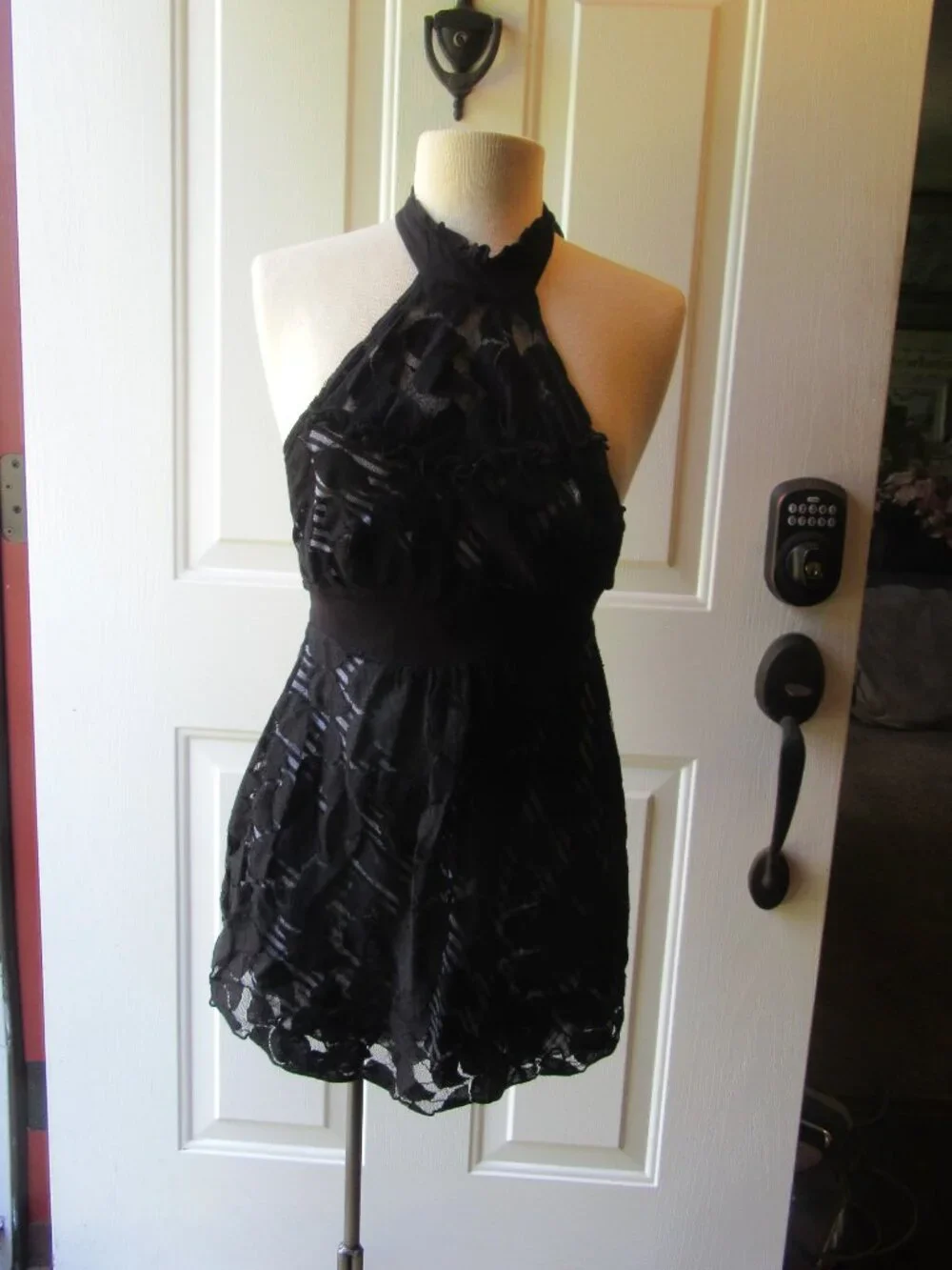 Sheer black halter top w. patterned lace over black/white stripe sz S whimsigoth